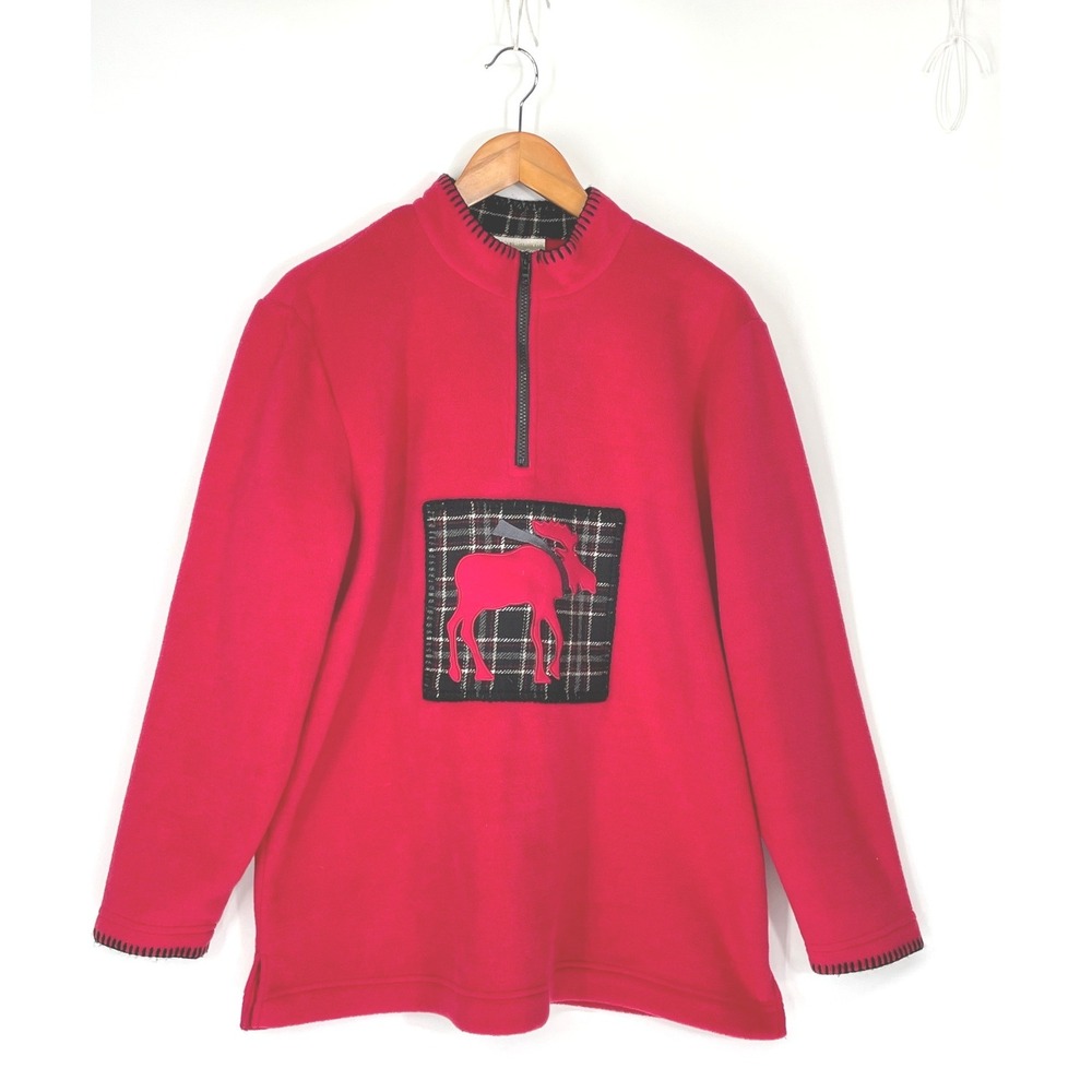 Coldwater Creek Women Sweater L Pullover Red Moose Plaid Fleece 1/4 Zip